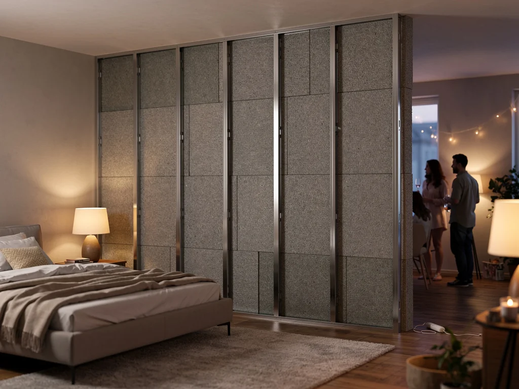 Chambre dont la paroi mitoyenne reçoit un traitement acoustique