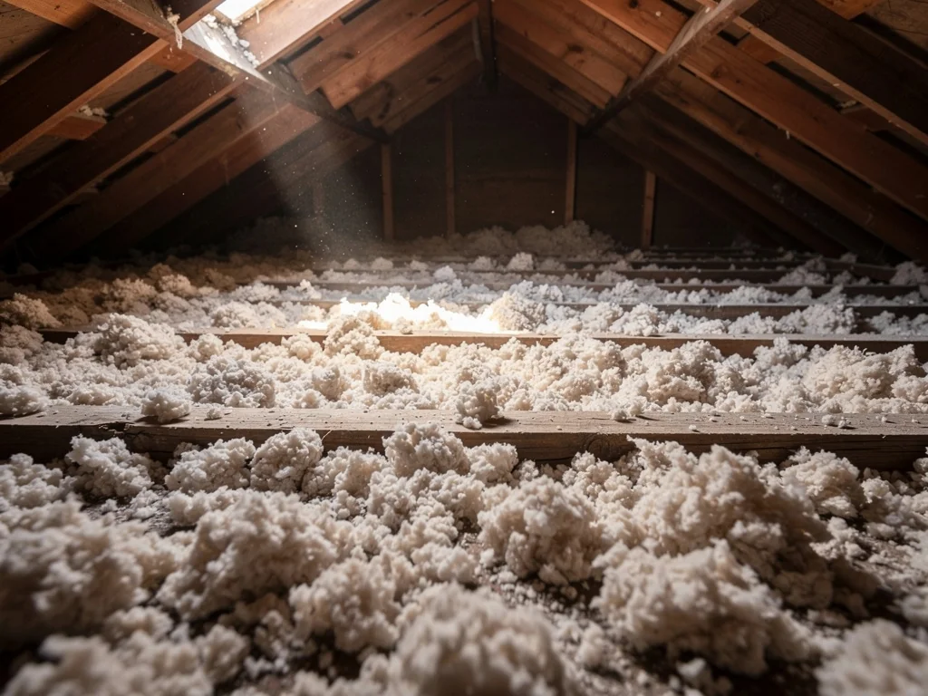 Laine soufflée en vrac sur le plancher de combles perdus